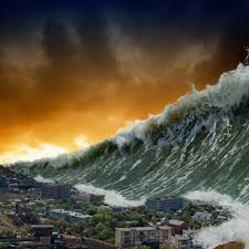 Tsunami Disaster: Giant Wave Approaching Coastline with Force