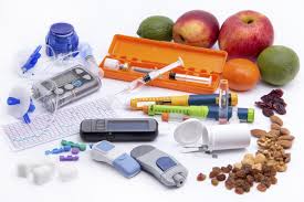 Assorted diabetes mellitus control items: food, medication, and devices