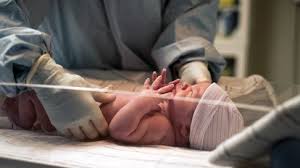 Newborn baby in an incubator receiving care from a healthcare professional