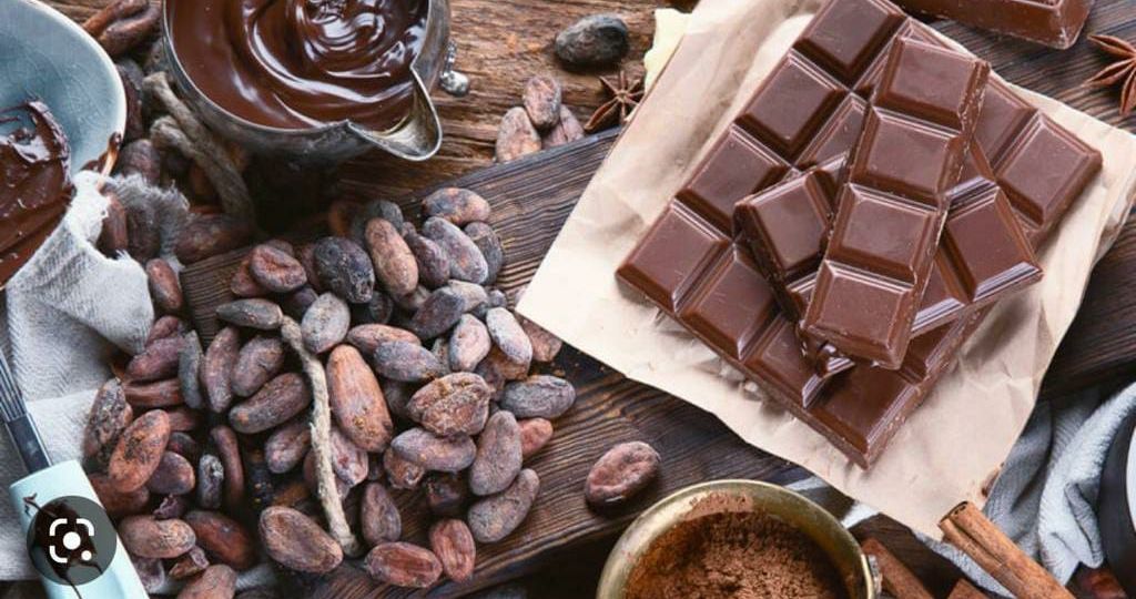 Assorted chocolate presentations, including bars, truffles, and cocoa powder