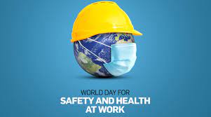 Globe with face mask and hard hat: Workplace safety and global protection