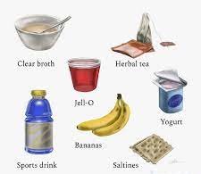 Assorted foods for managing diarrhea: bananas, rice, applesauce, toast, and electrolyte drinks