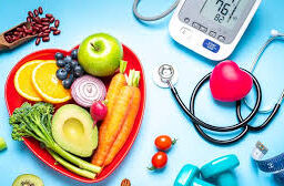 Heart-healthy choices: A heart-shaped container filled with vibrant fruits and vegetables, accompanied by a blood pressure monitor and stethoscope, emphasizing the role of diet in hypertension management.