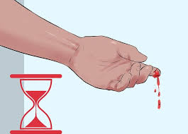 Hemophilia day: Image of a bleeding finger next to an hourglass, representing the urgency of understanding and treating hemophilia.