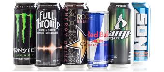 Assorted energy drinks on display, showcasing popular brands and options.