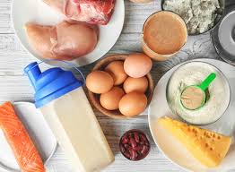 Assorted protein supplement options including chicken breast, eggs, beans, and nuts