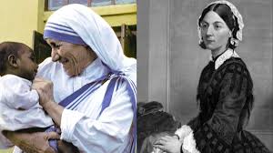 Nurses - Mother Teresa sharing a tender moment with a young child and Florence Nightingale, a pioneer in modern nursing history