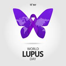 Purple ribbon atop a purple butterfly symbolizing lupus awareness.