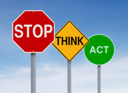 Stop, think, and act traffic light signs: Red, yellow, and green signals guide safe driving behaviors.