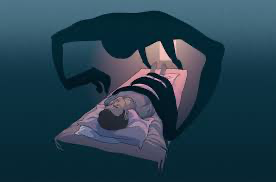 Dark shadow hovering over a sleeping person experiencing sleep paralysis