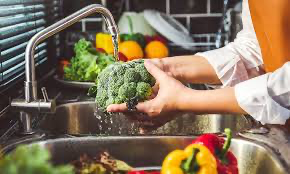 Washing broccoli under running water for safe food preparation