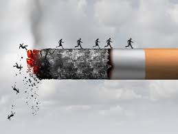 A group of people walking on top of a lit cigarette with images of people falling off as the cigarette burns