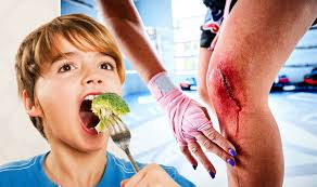 Child enjoying vegetables beside a person with a bleeding knee laceration - emphasizing the role of healthy diet in wound healing and overall health.