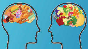 A contrast between two people facing each other, one showcasing unhealthy snacks, while the other presents a range of healthy foods.