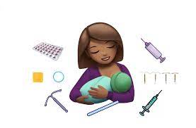 Visual of a woman surrounded by an array of contraceptive choices, while simultaneously breastfeeding her baby, illustrating the diverse options available to new mothers seeking effective birth control methods compatible with breastfeeding.