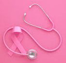 Pink stethoscope alongside a pink ribbon, symbolizing breast cancer awareness and medical support for the cause.