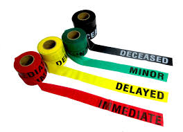 Triage color tags for emergency patients in a hospital: red, black, yellow, and green