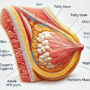 A detailed anatomical cross-section of the human breast, showing key structures such as skin, fatty tissue, lobules, milk ducts, and Cooper's ligaments