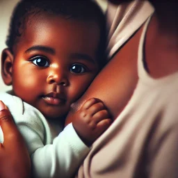 breastfeeding-baby-A-serene-scene-of-a-black-infant-breastfeeding.-The-baby-with-smooth-dark-brown-skin-has-two-round-bright-eyes-and-two-tiny-arms-gently-cradled-by their mother