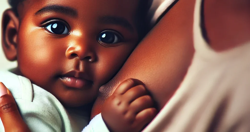 breastfeeding-baby-A-serene-scene-of-a-black-infant-breastfeeding.-The-baby-with-smooth-dark-brown-skin-has-two-round-bright-eyes-and-two-tiny-arms-gently-cradled-by their mother