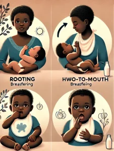 An-educational-illustration-featuring-black-mothers-with-babies-showing-different-hunger-cues-for-breastfeeding.