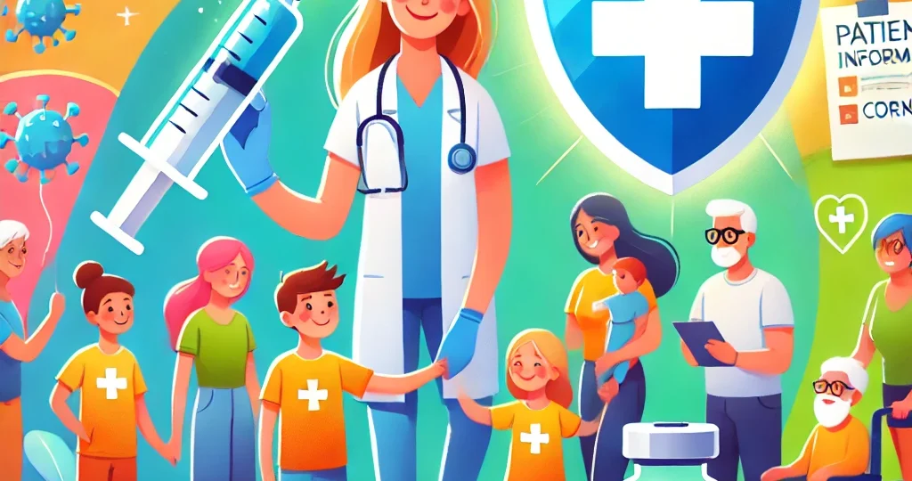 DALL·E 2024-11-30 19.24.14 - A vibrant and educational illustration about vaccines, showing a diverse group of people, including children and elderly individuals, smiling and inte