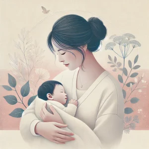 illustration of a woman bonding with her newborn baby, capturing a tender and intimate moment