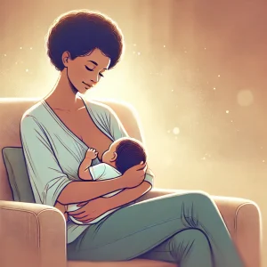 the illustration of a woman breastfeeding her baby, capturing a peaceful and nurturing moment