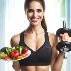 illustration of a smiling woman holding a plate of healthy food in one hand and weights in the other, reflecting a balance between nutrition and fitness. 