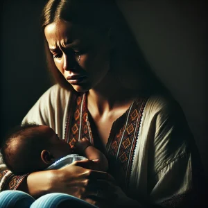 A new mother sitting in the dark, holding her baby closely as she cries. The mother’s face shows deep sadness and exhaustion, with tears streaming down her cheeks. The baby is nestled in her arms, unaware of her distress. The dim lighting and shadows highlight the somber mood, emphasizing the emotional weight of the moment. The image conveys the challenges of new motherhood and the emotional struggles some may face.