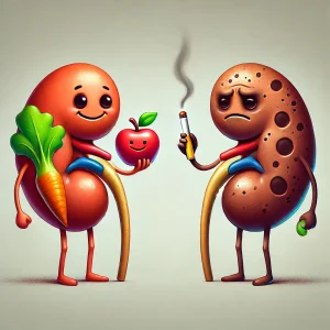 depiction of a healthy kidney with fruits and vegetables standing next to an unhealthy kidney smoking.