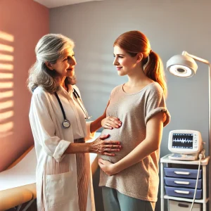 image depicting a midwife examining a pregnant woman in a nurturing clinic setting. 