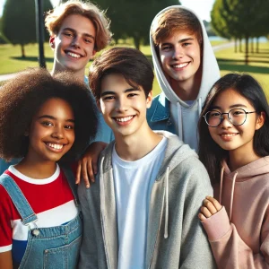 image of a diverse group of teenagers posing for a photo outdoors.