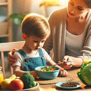 image depicting a child with failure to thrive eating in a supportive and nurturing environment.