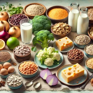 image of a set of foods that can cause gas and bloating, including items like beans, lentils, broccoli, cabbage, onions, dairy products, carbonated drinks, and whole grains. 