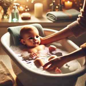 a serene and nurturing depiction of a baby being bathed, surrounded by a warm and gentle environment.