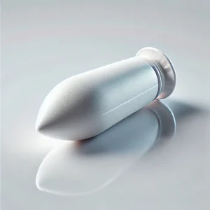 A close-up of a suppository, a small solid dosage form, on a clean surface.