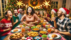 A humorous and festive holiday scene featuring a diverse group of people at a dinner table, enjoying a variety of delicious foods.